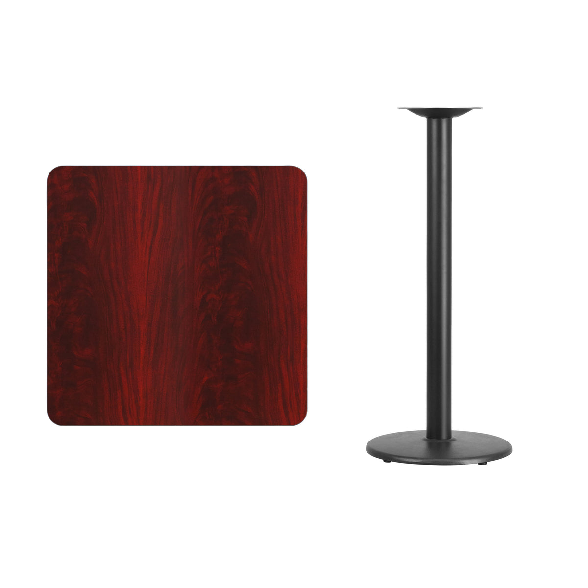 Mahogany |#| 30" Square Mahogany Laminate Table Top with 18" Round Bar Height Table Base