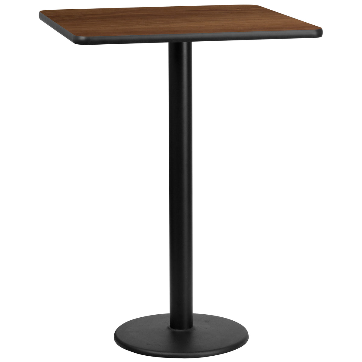 Walnut |#| 30" Square Walnut Laminate Table Top with 18" Round Bar Height Table Base