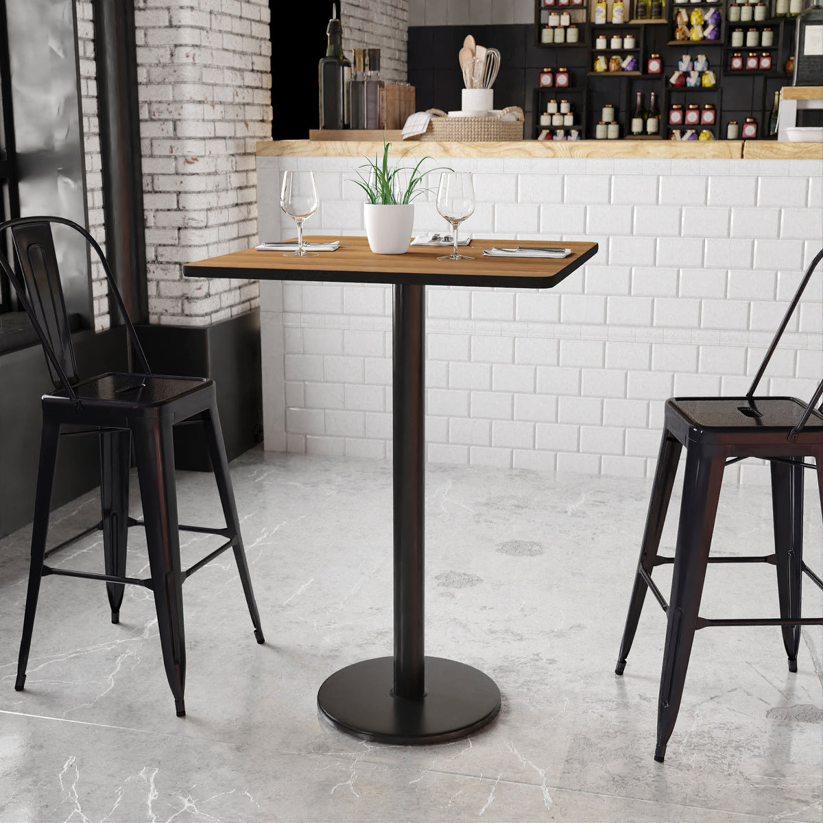 Walnut |#| 30" Square Walnut Laminate Table Top with 18" Round Bar Height Table Base