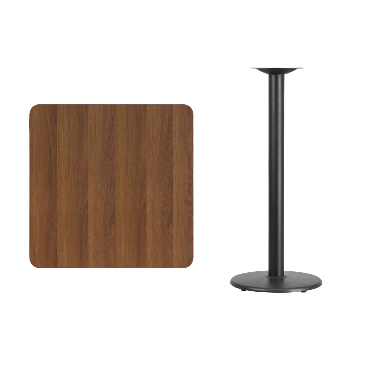 Walnut |#| 30" Square Walnut Laminate Table Top with 18" Round Bar Height Table Base