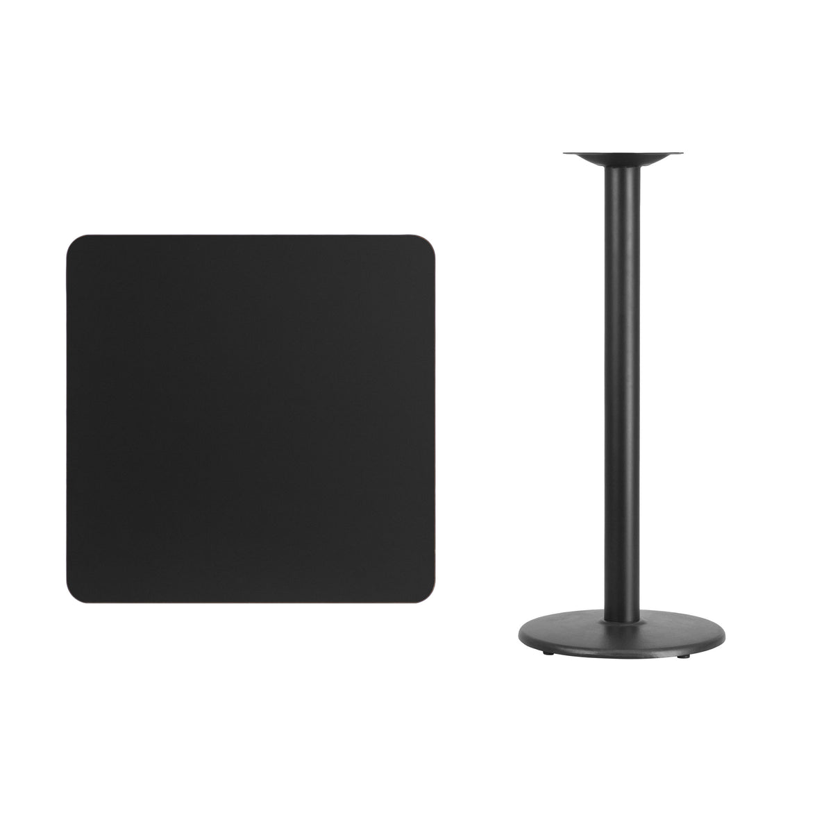 Black |#| 30" Square Black Laminate Table Top with 18" Round Bar Height Table Base