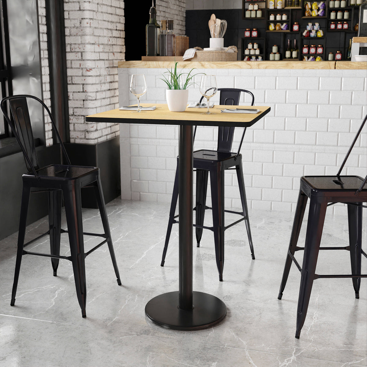 Natural |#| 30" Square Natural Laminate Table Top with 18" Round Bar Height Table Base