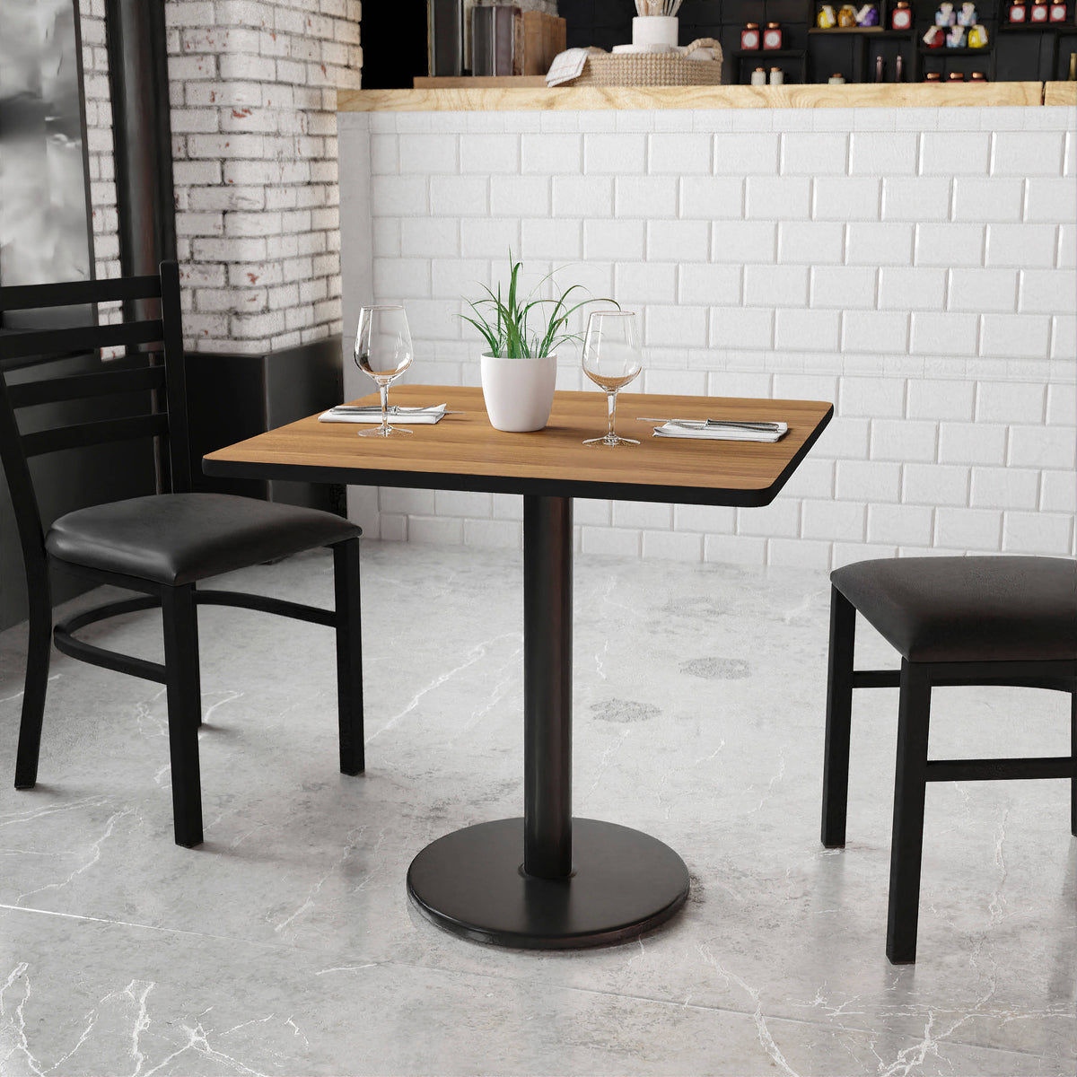 Walnut |#| 30" Square Walnut Laminate Table Top with 18" Round Table Height Base