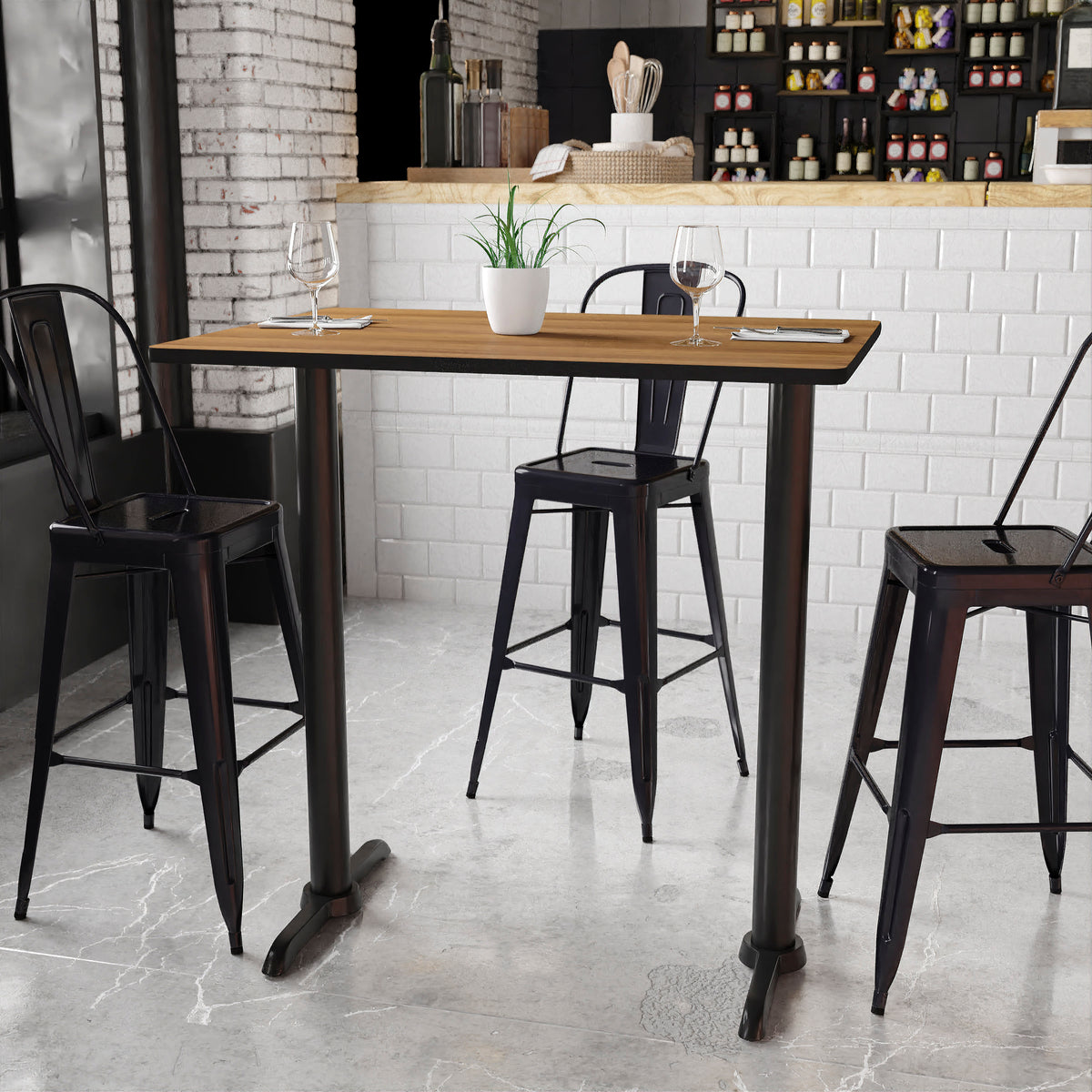 Walnut |#| 30x42 Rectangular Walnut Laminate Table Top & 5" x 22" Bar Height Table Bases