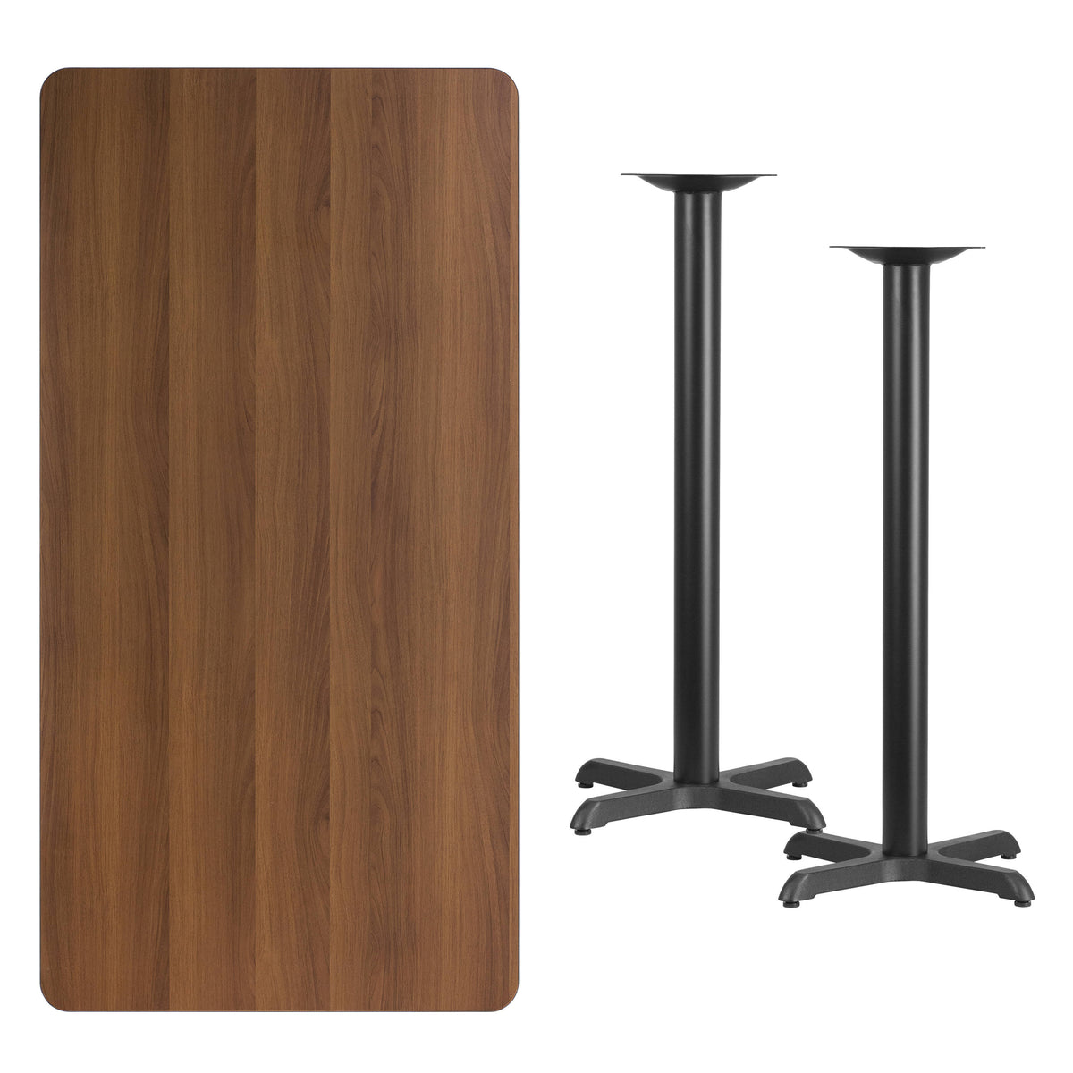 Walnut |#| 30x60 Rectangular Walnut Laminate Table Top & 22" x 22" Bar Height Table Bases