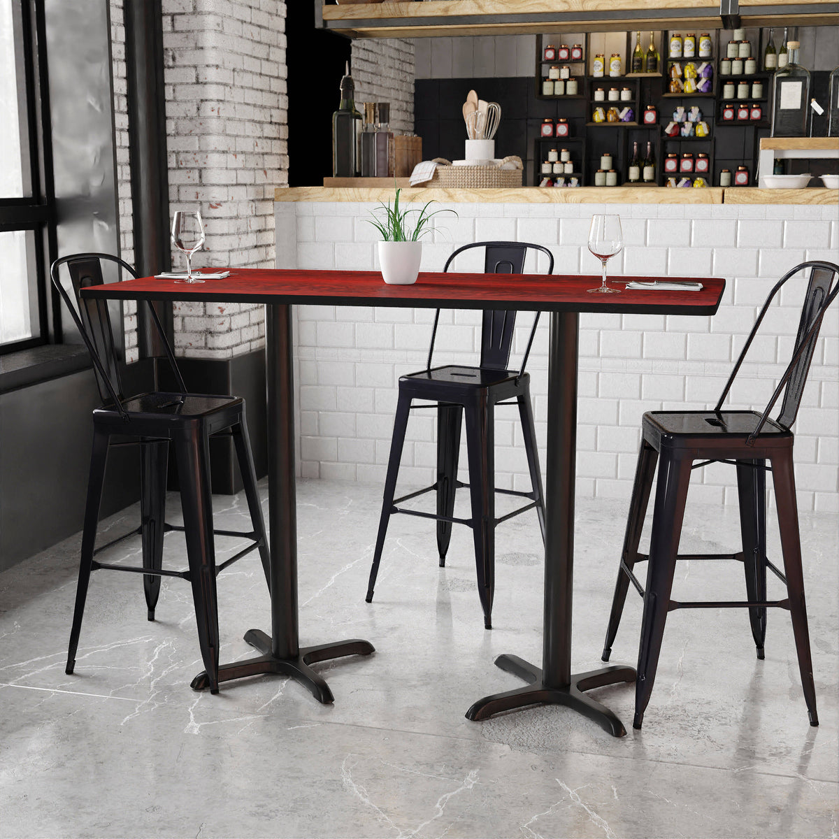 Mahogany |#| 30" x 60" Mahogany Laminate Table Top with 22" x 22" Bar Height Table Bases