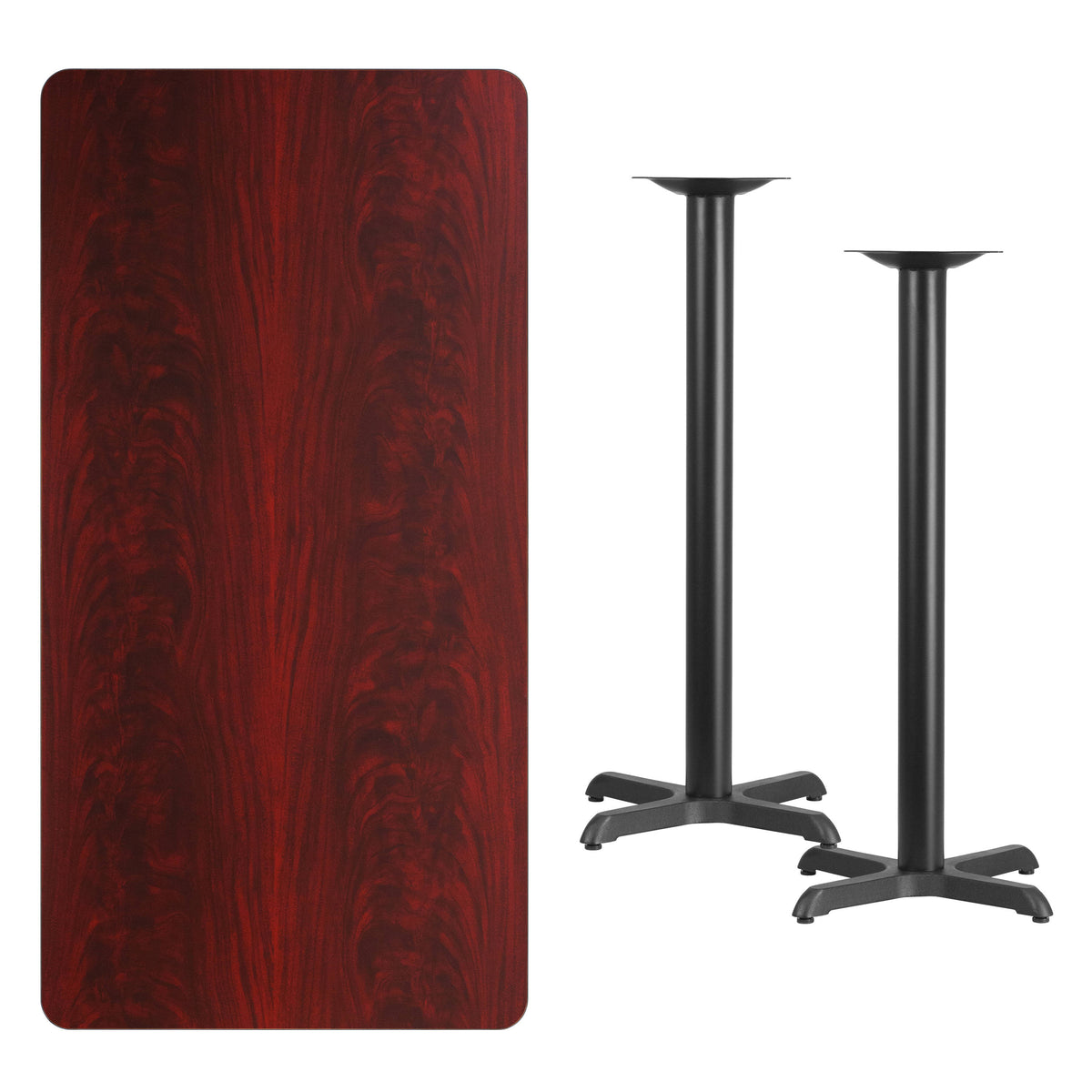 Mahogany |#| 30" x 60" Mahogany Laminate Table Top with 22" x 22" Bar Height Table Bases