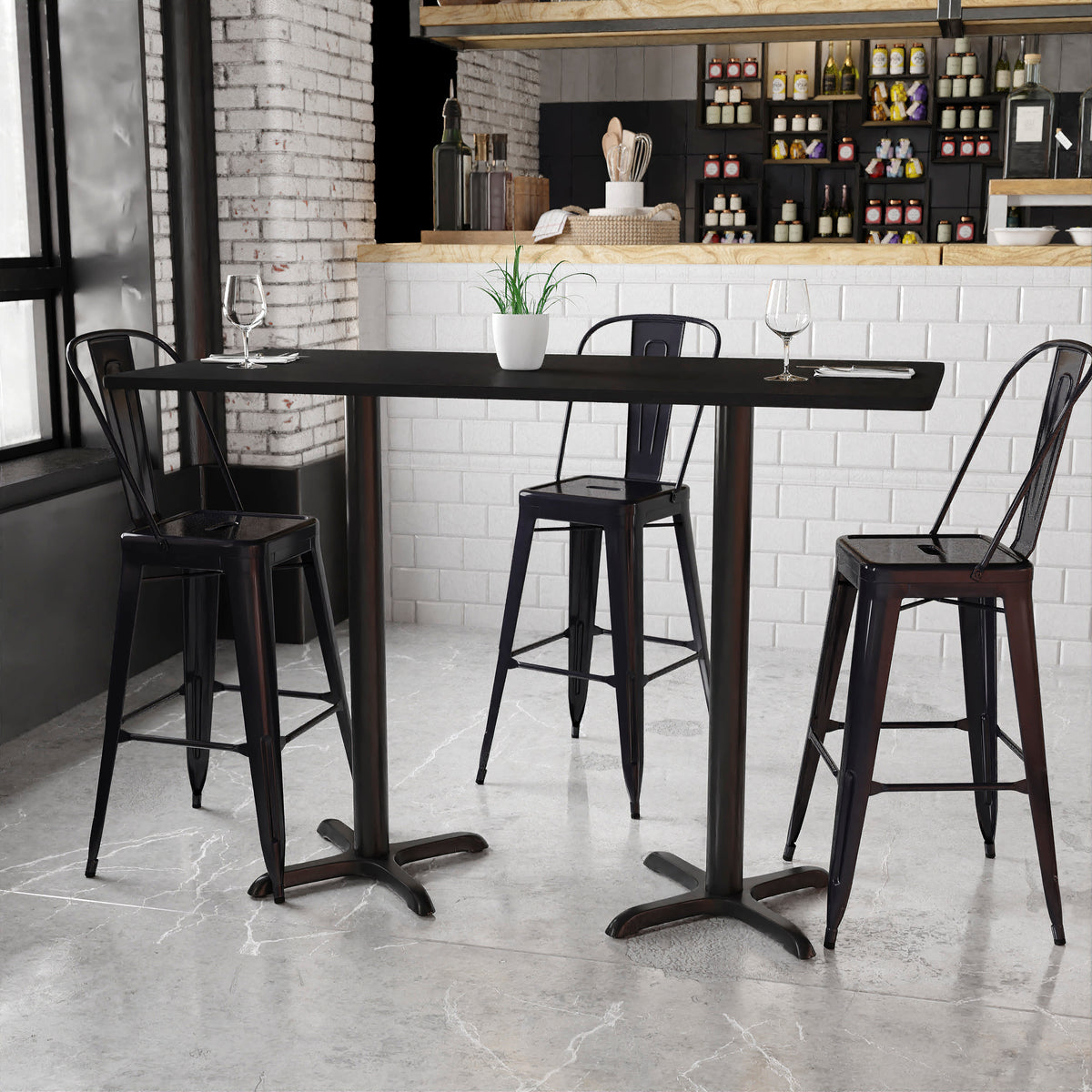Black |#| 30" x 60" Rectangular Black Laminate Table Top & 22x22 Bar Height Table Bases