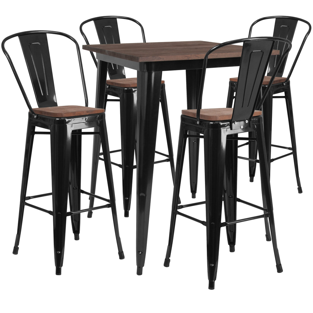 Black |#| 31.5" Square Black Metal Bar Table Set with Wood Top and 4 Stools