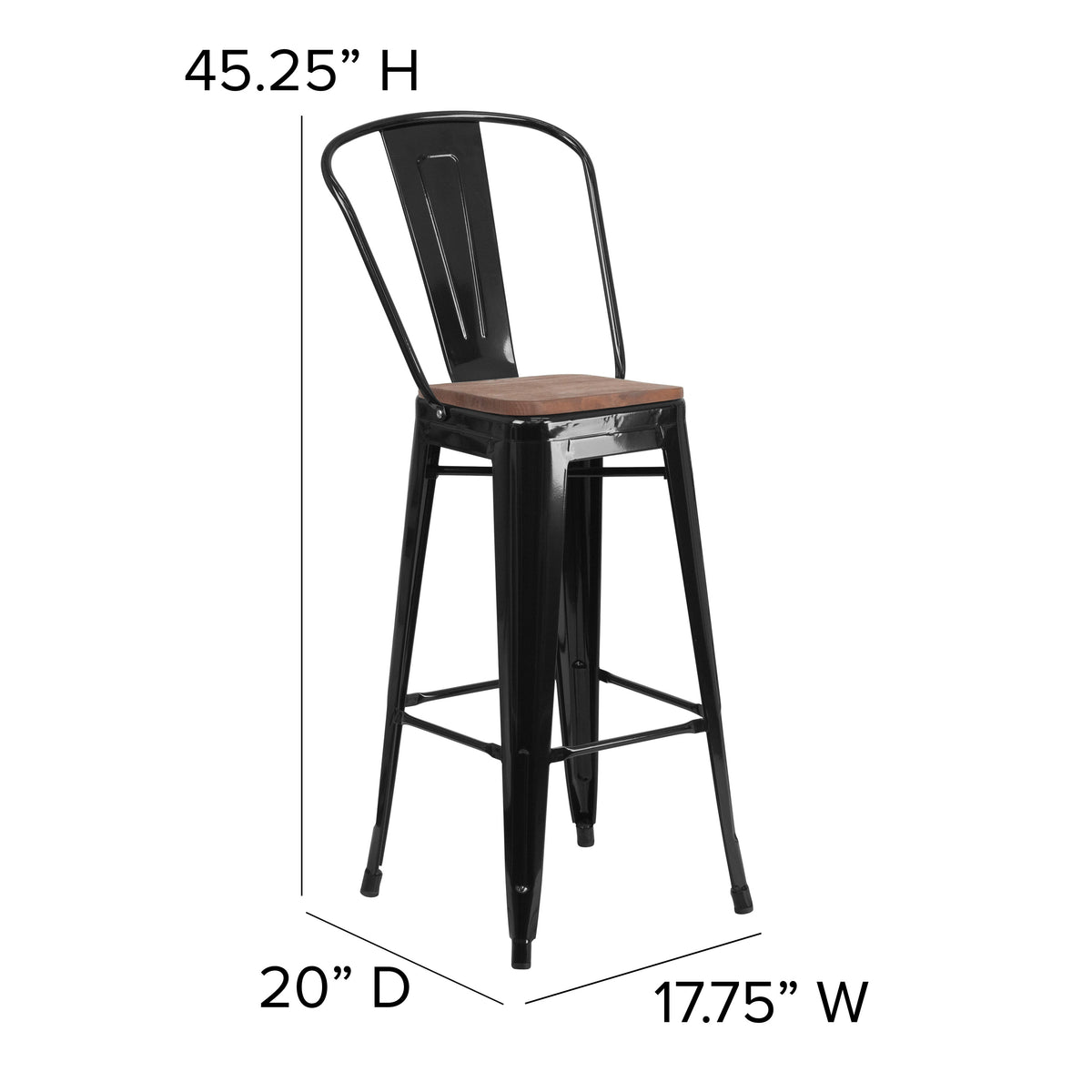 Black |#| 31.5" Square Black Metal Bar Table Set with Wood Top and 4 Stools