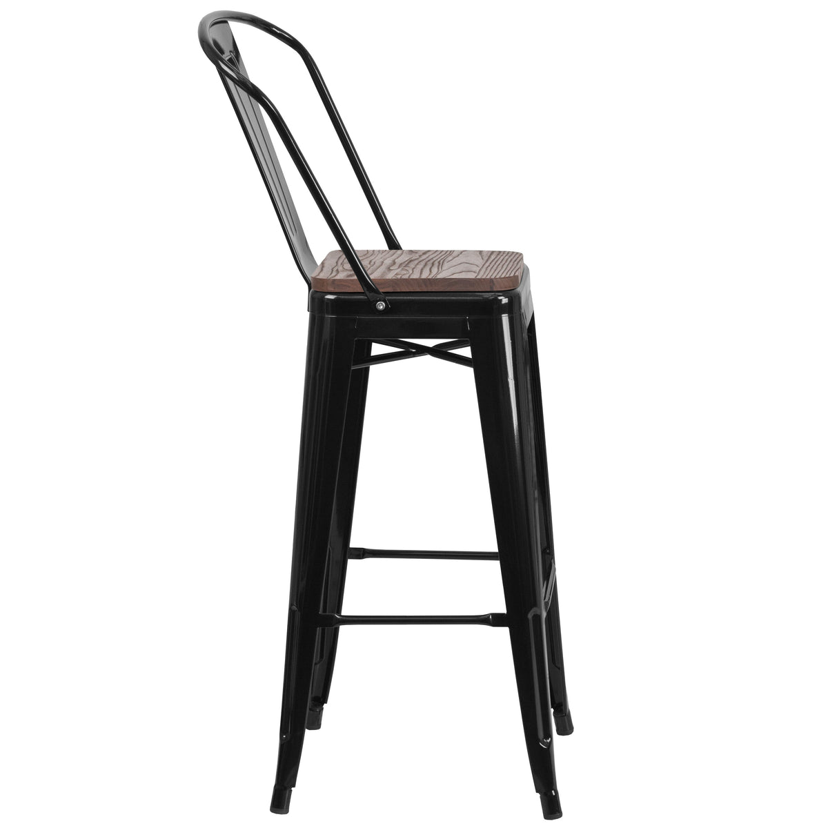Black |#| 31.5" Square Black Metal Bar Table Set with Wood Top and 4 Stools