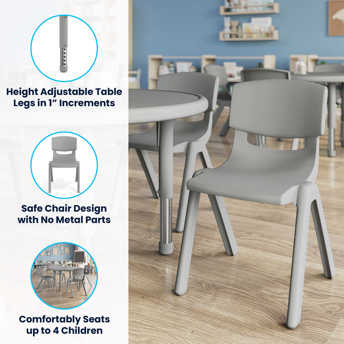 Soft Gray |#| 5 PC Plastic Activity Table and 4 Chairs Set, 10.5" Seat Height-Soft Gray
