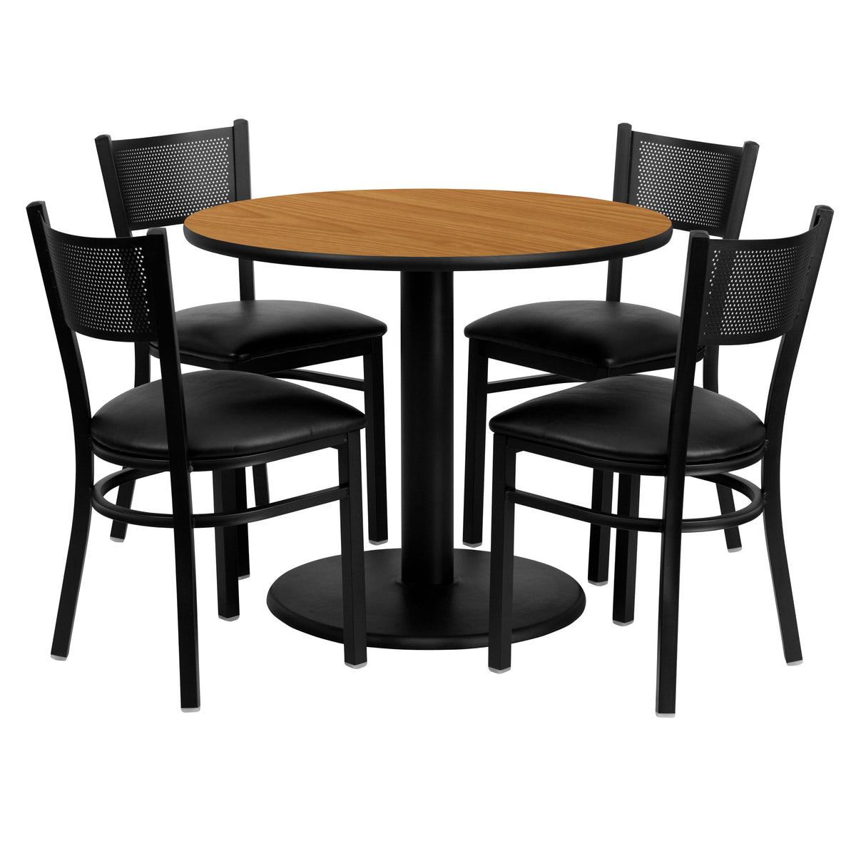 36" Round Natural Laminate Table Set with 4 Metal Chairs - Black Vinyl Seat