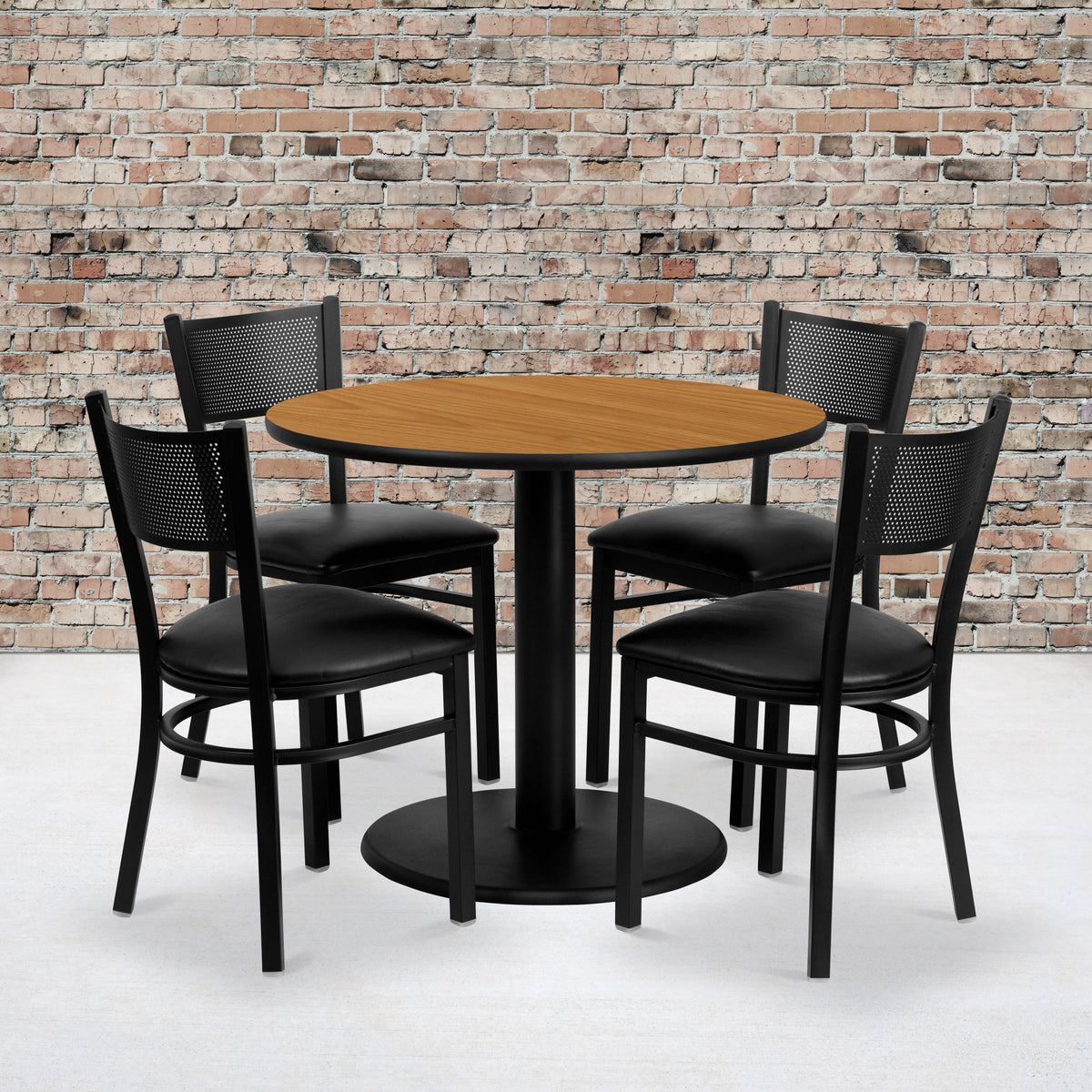 36" Round Natural Laminate Table Set with 4 Metal Chairs - Black Vinyl Seat