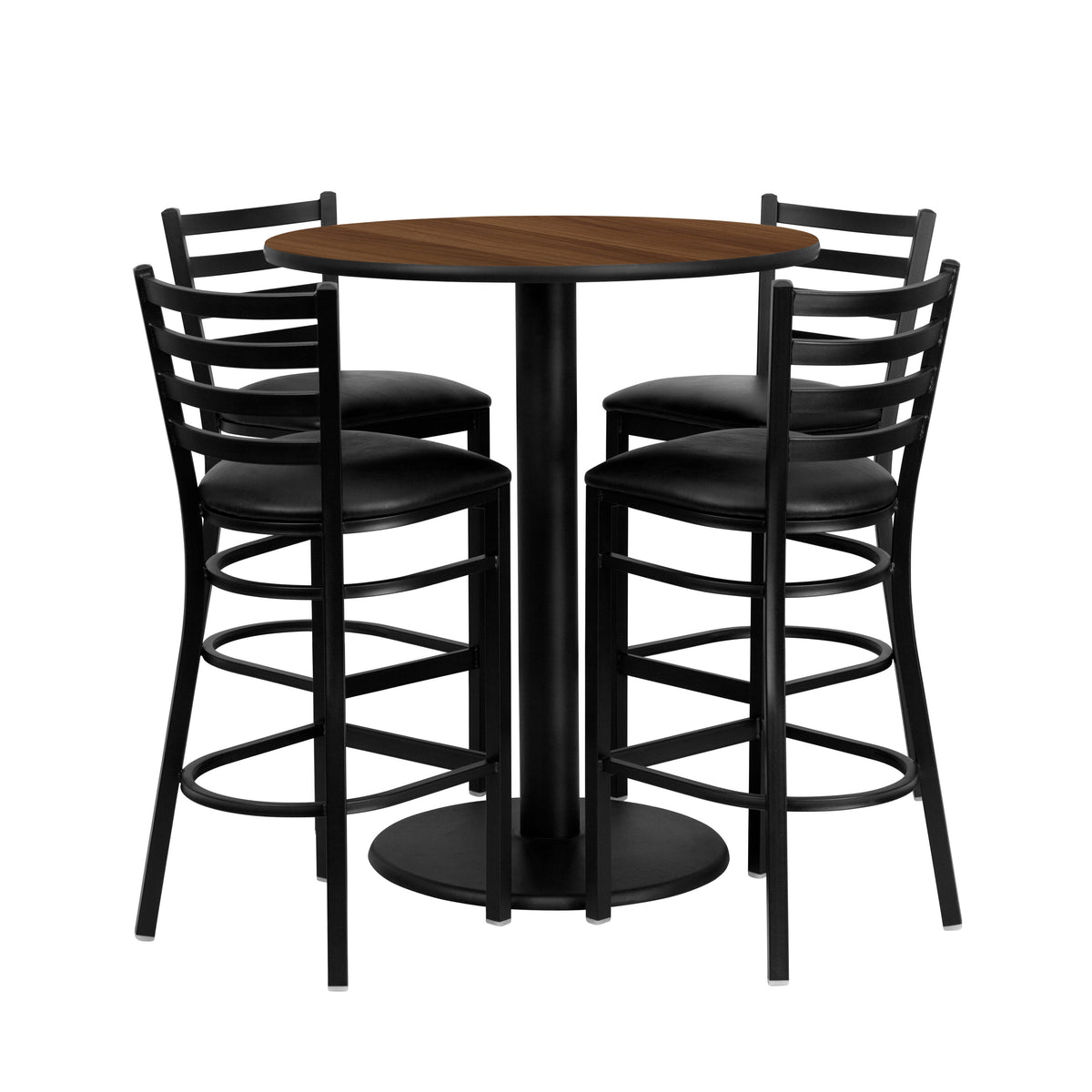 36" Round Walnut Laminate Table Set with 4 Metal Barstools - Black Vinyl Seat