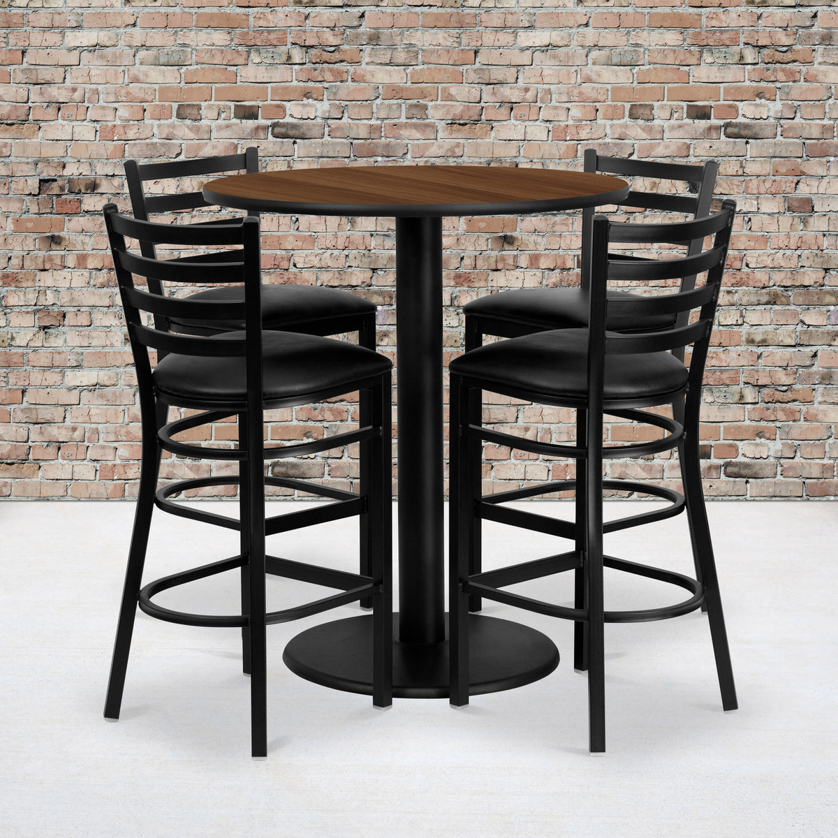 36" Round Walnut Laminate Table Set with 4 Metal Barstools - Black Vinyl Seat