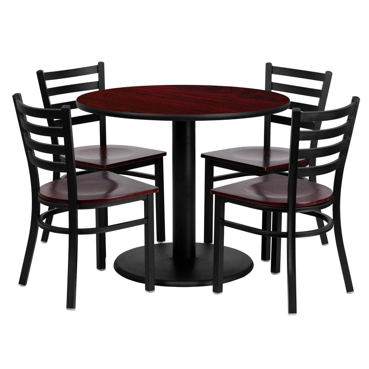 36" Round Mahogany Laminate Table Set with 4 Metal Chairs - Mahogany Wood Seat