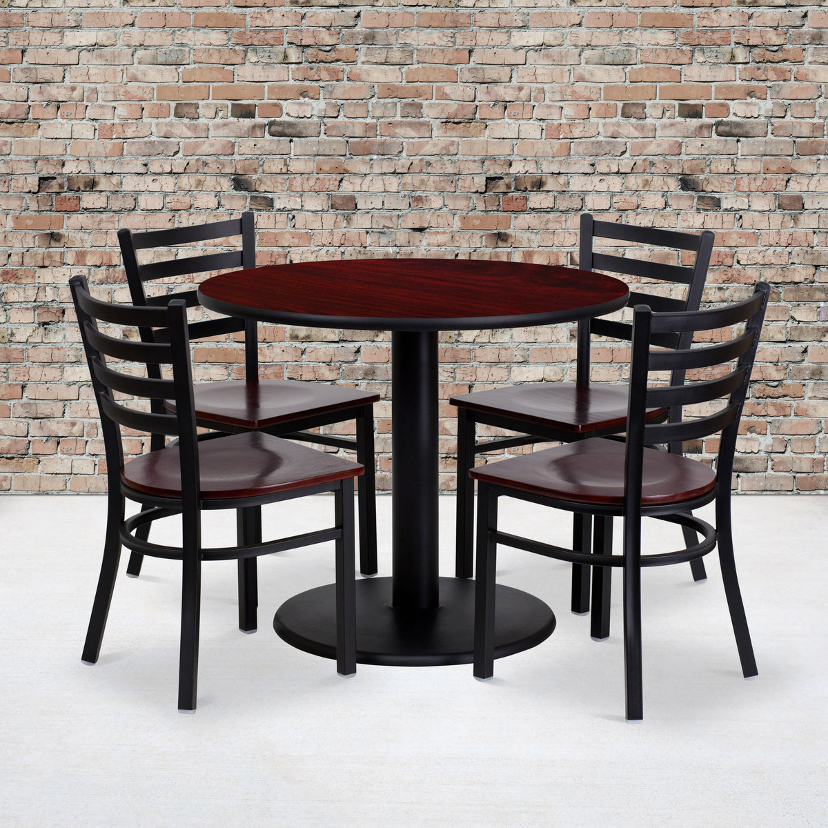 36" Round Mahogany Laminate Table Set with 4 Metal Chairs - Mahogany Wood Seat