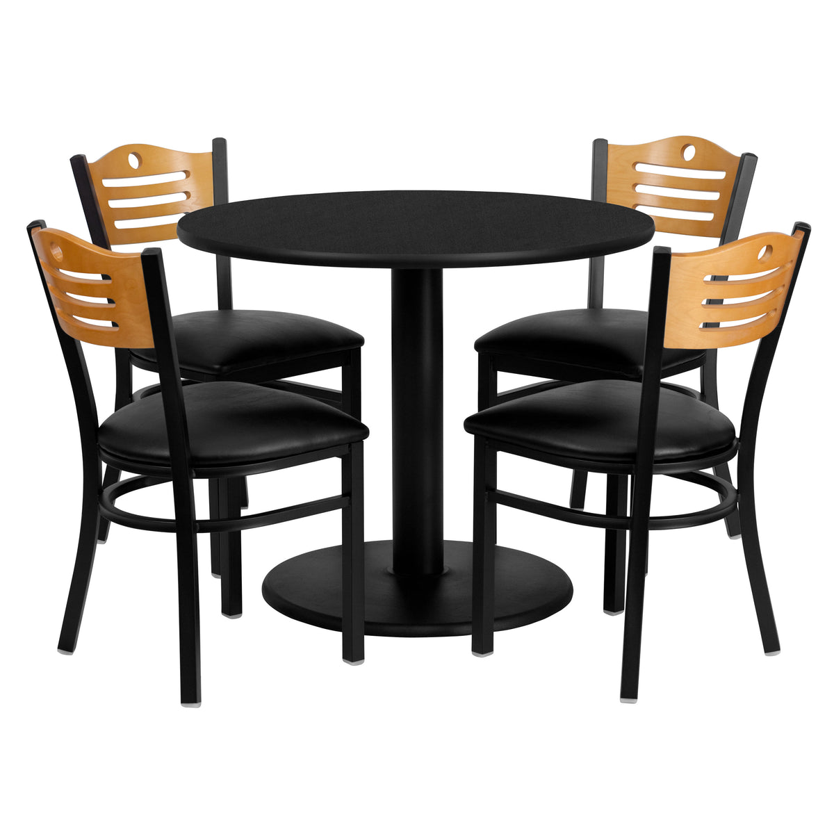 36" Round Black Laminate Table Set with 4 Metal Chairs - Black Vinyl Seat