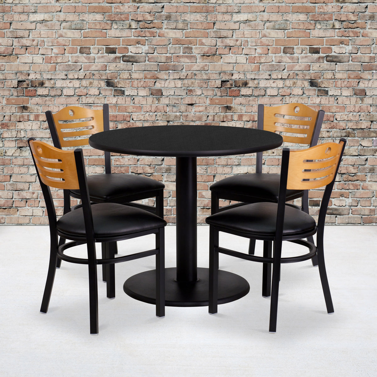 36" Round Black Laminate Table Set with 4 Metal Chairs - Black Vinyl Seat