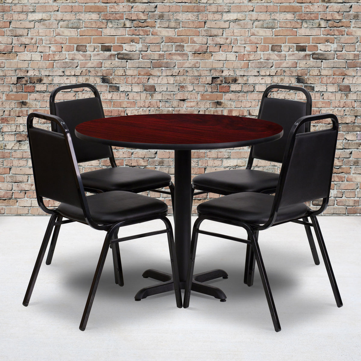Mahogany Top/Black Vinyl Seat |#| 36" Round Mahogany Laminate Table Set with X-Base and 4 Black Banquet Chairs