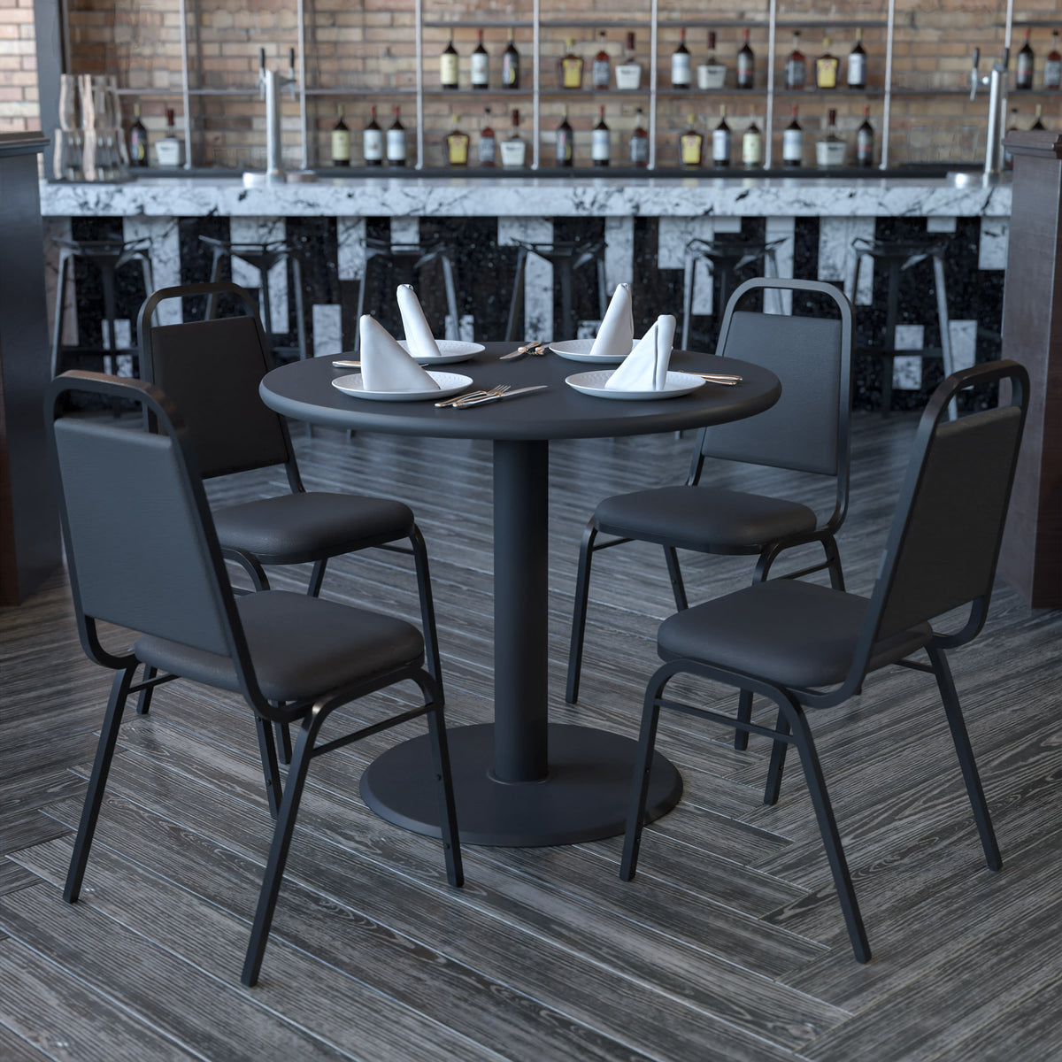 Black Top/Black Vinyl Seat |#| 36" Round Black Laminate Table Set with X-Base and 4 Black Banquet Chairs