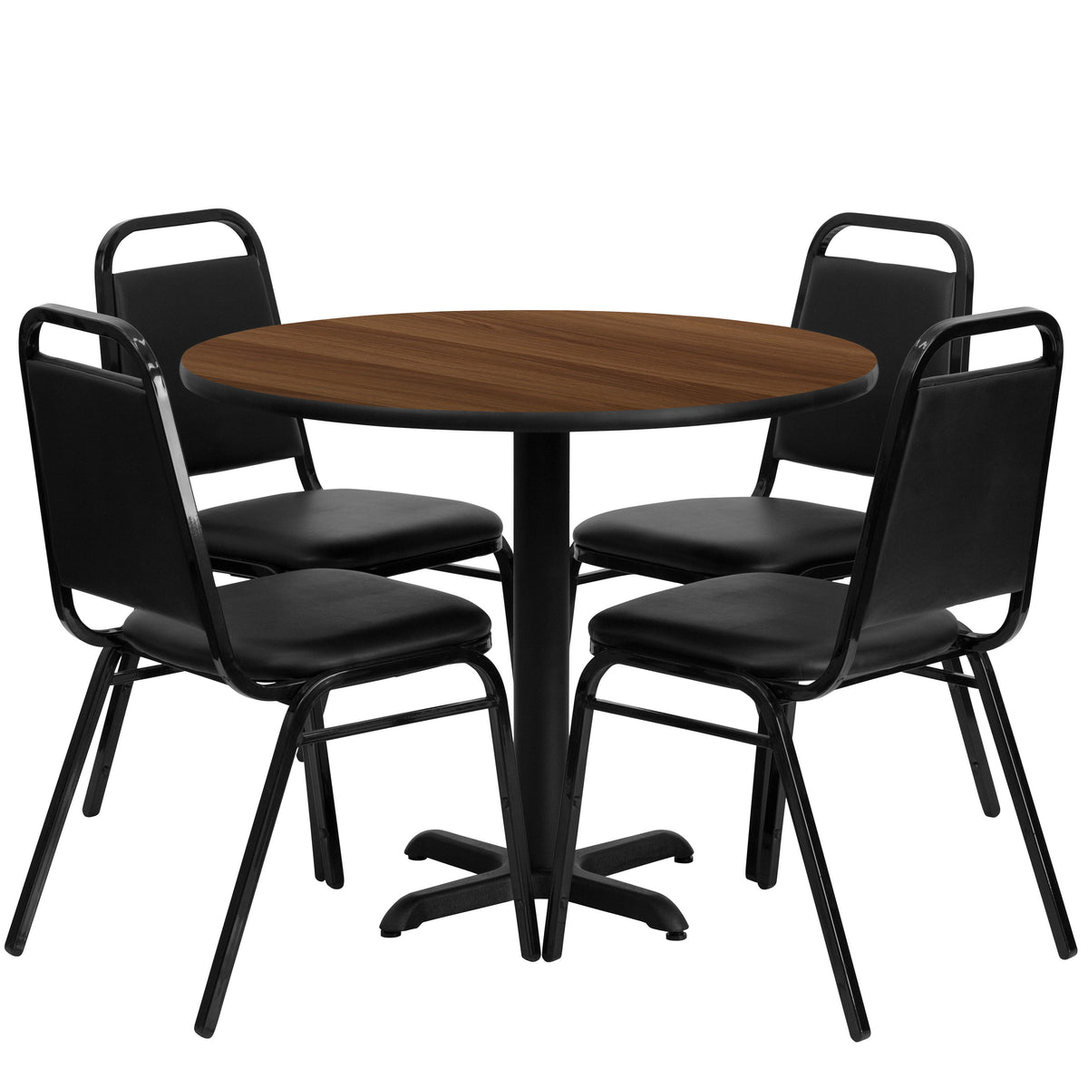 Walnut Top/Black Vinyl Seat |#| 36" Round Walnut Laminate Table Set with X-Base and 4 Black Banquet Chairs