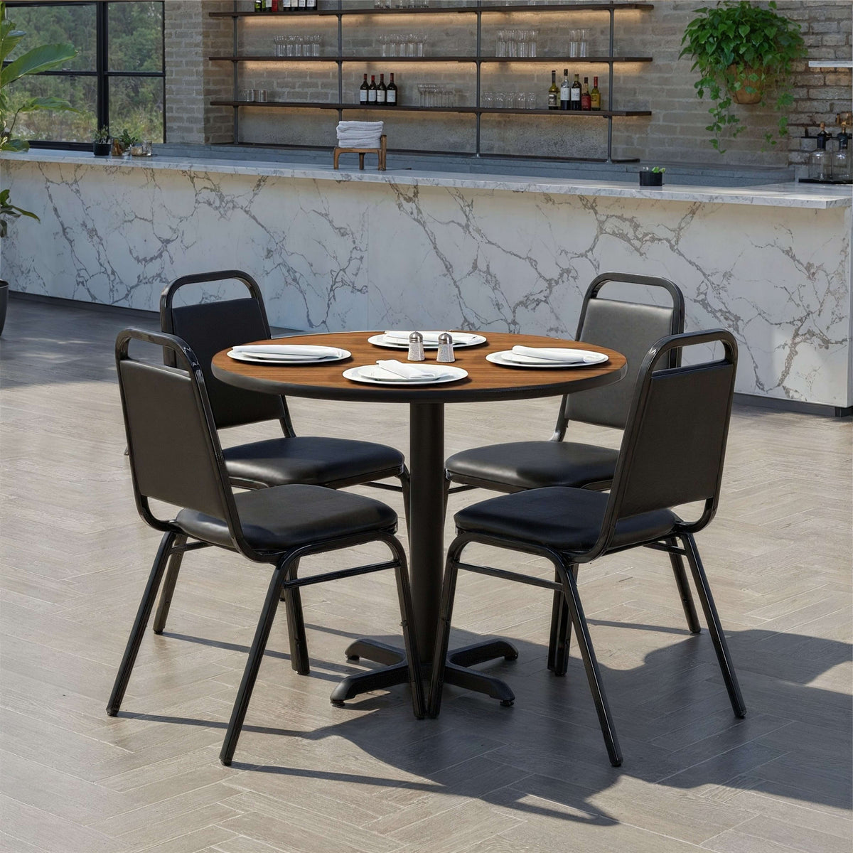 Walnut Top/Black Vinyl Seat |#| 36" Round Walnut Laminate Table Set with X-Base and 4 Black Banquet Chairs