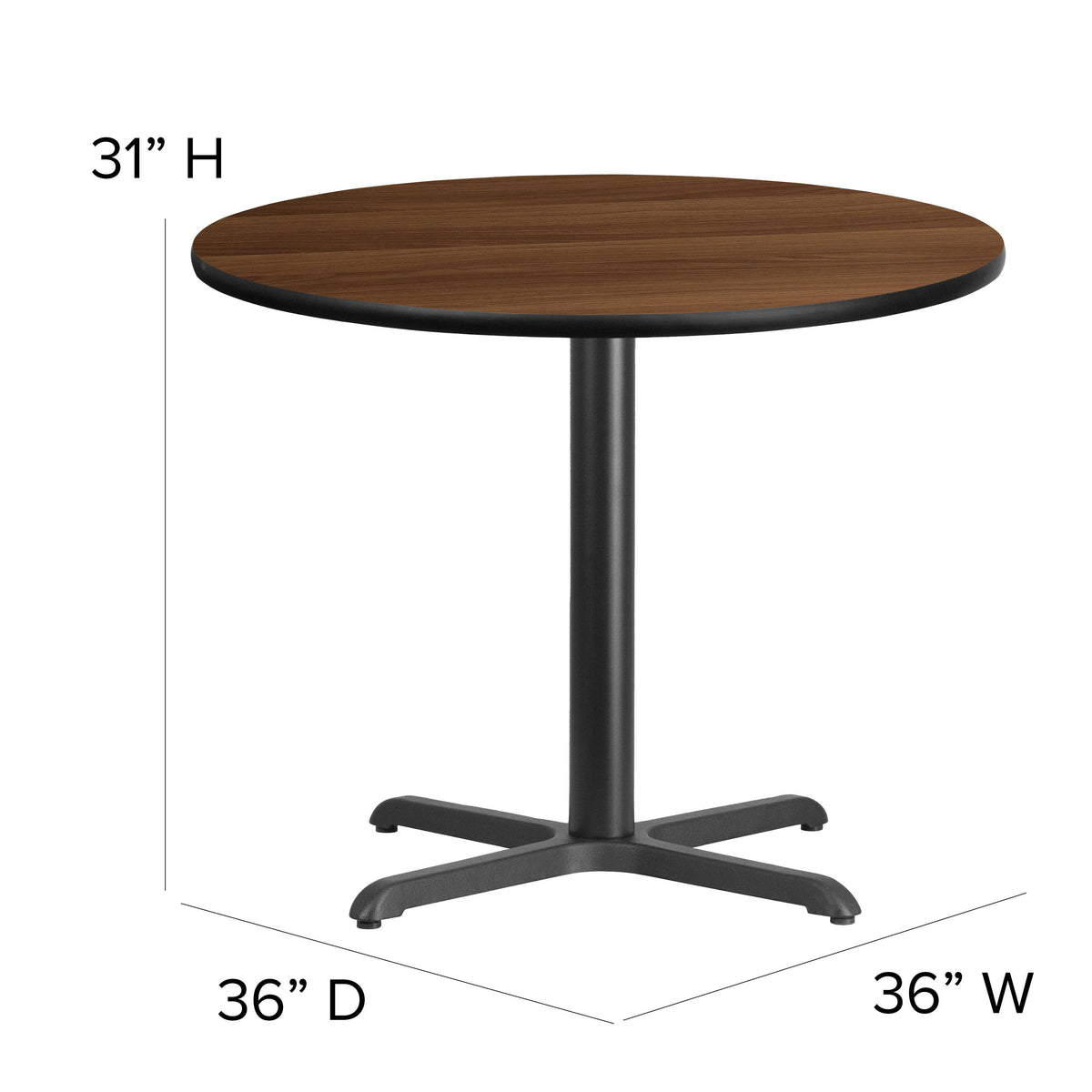 Walnut Top/Black Vinyl Seat |#| 36" Round Walnut Laminate Table Set with X-Base and 4 Black Banquet Chairs