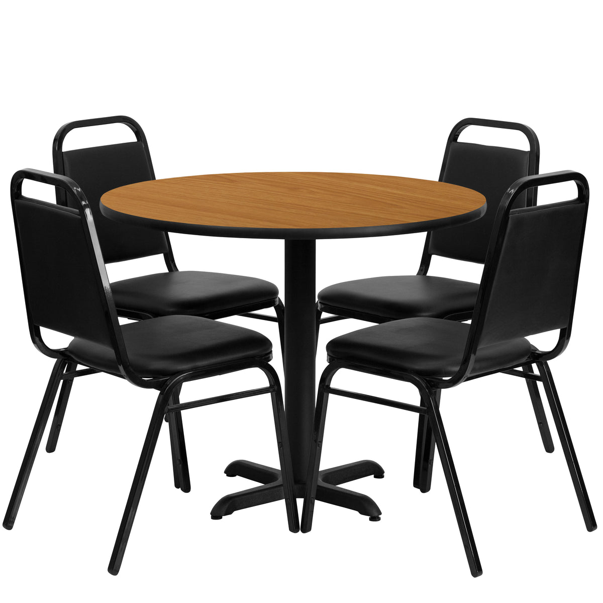 Natural Top/Black Vinyl Seat |#| 36" Round Natural Laminate Table Set with X-Base and 4 Black Banquet Chairs
