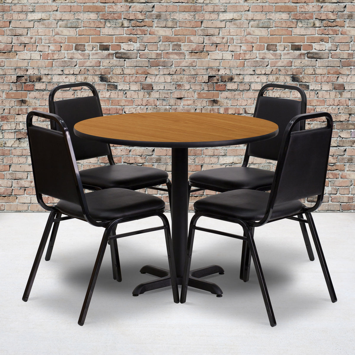 Natural Top/Black Vinyl Seat |#| 36" Round Natural Laminate Table Set with X-Base and 4 Black Banquet Chairs