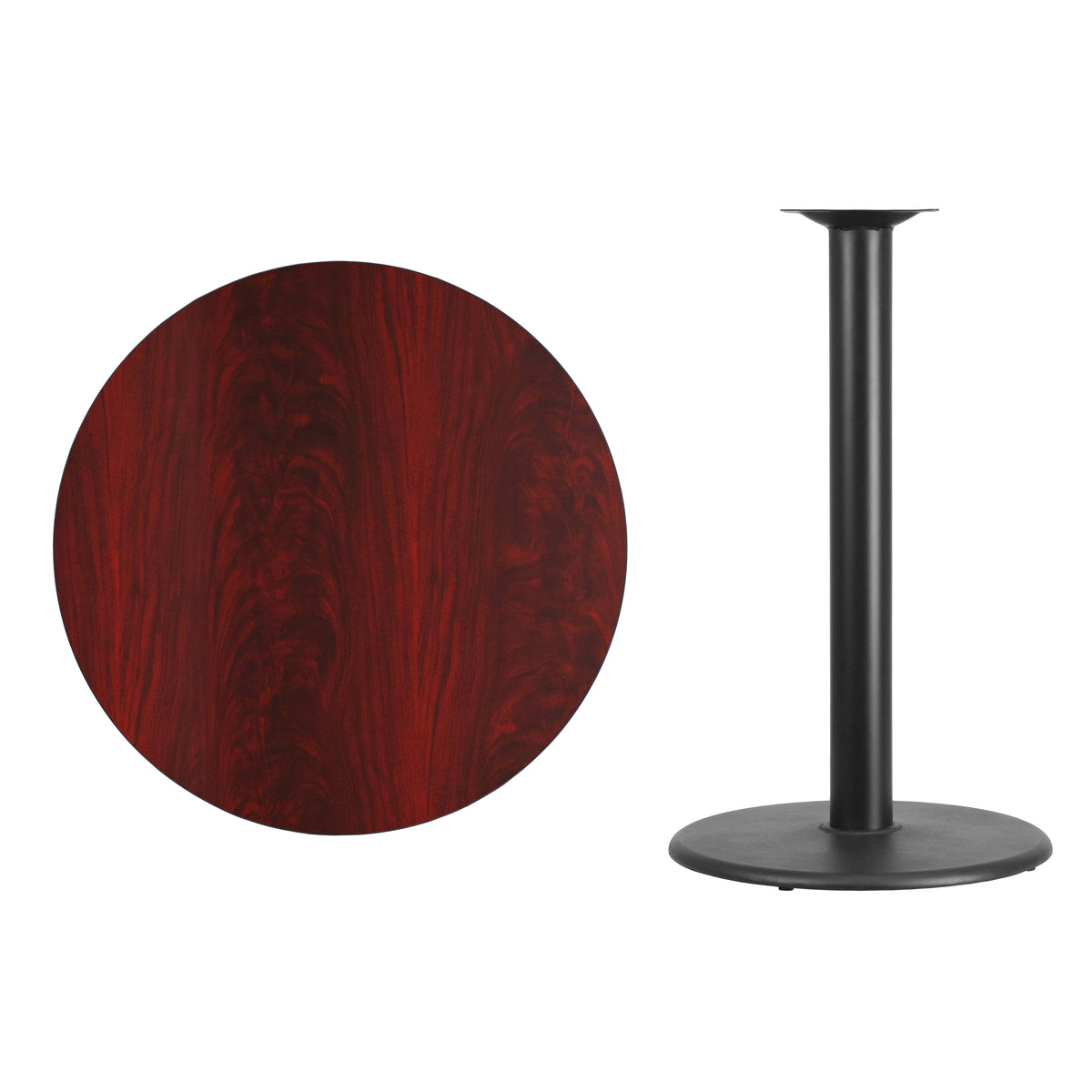Mahogany |#| 36" Round Mahogany Laminate Table Top with 24" Round Bar Height Table Base