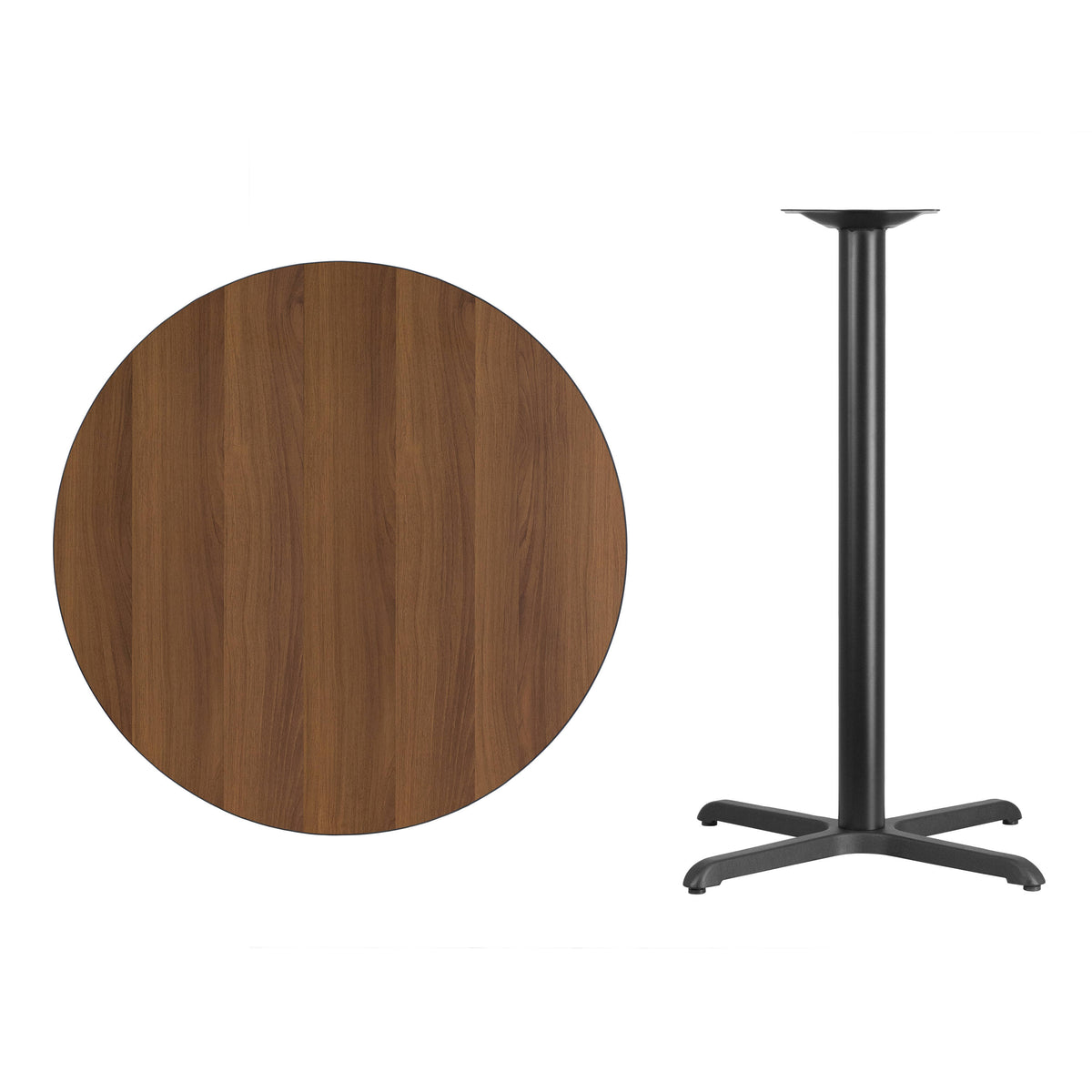 Walnut |#| 36" Round Walnut Laminate Table Top with 30" x 30" Bar Height Table Base