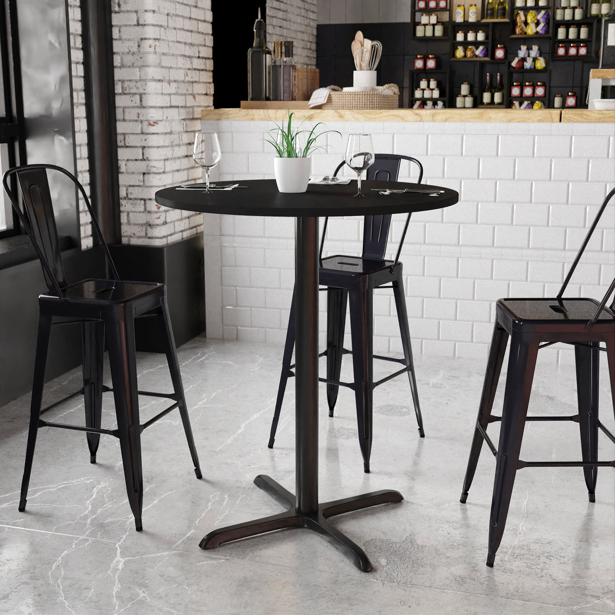 Black |#| 36" Round Black Laminate Table Top with 30" x 30" Bar Height Table Base