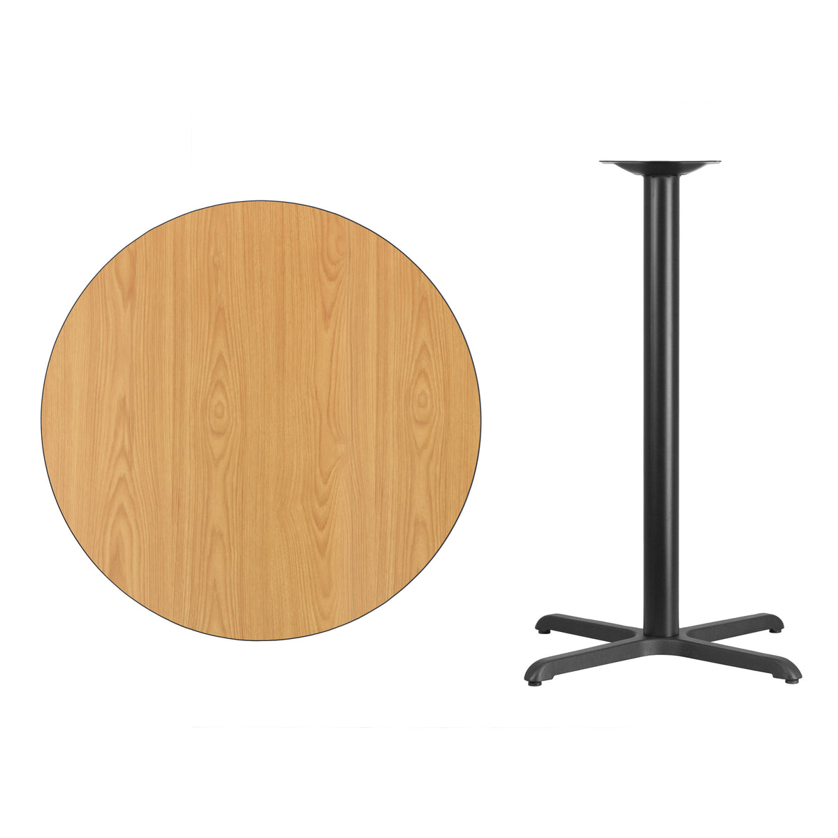 Natural |#| 36" Round Natural Laminate Table Top with 30" x 30" Bar Height Table Base