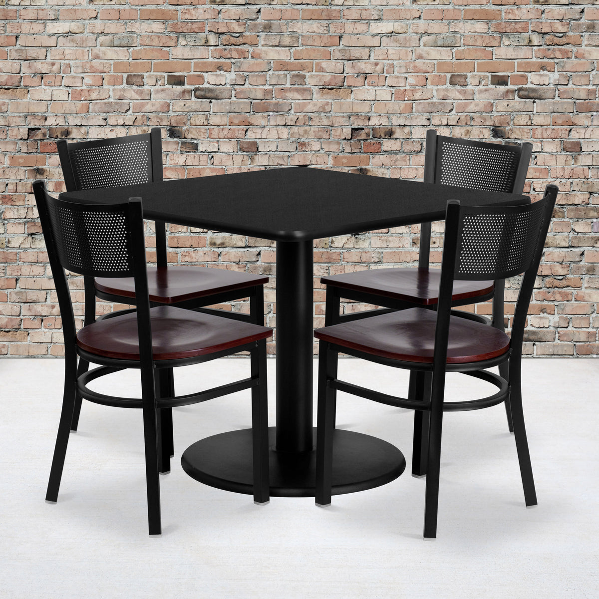 36" Square Black Laminate Table Set with 4 Metal Chairs - Mahogany Wood Seat