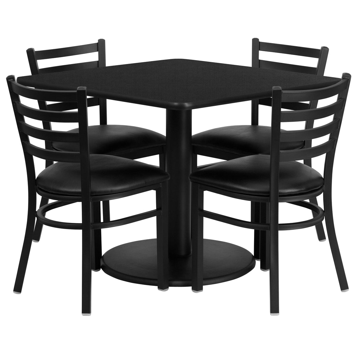 Black Top/Black Vinyl Seat |#| 36" SQ Black Laminate Table with Round Base & 4 Metal Chairs - Black Vinyl Seat