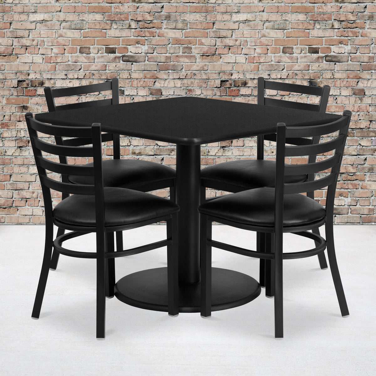 Black Top/Black Vinyl Seat |#| 36" SQ Black Laminate Table with Round Base & 4 Metal Chairs - Black Vinyl Seat