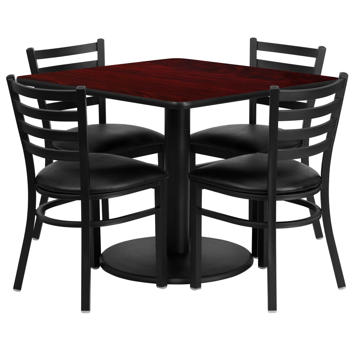 Mahogany Top/Black Vinyl Seat |#| 36" SQ Mahogany Laminate Table w/ Round Base & 4 Metal Chairs-Black Vinyl Seat