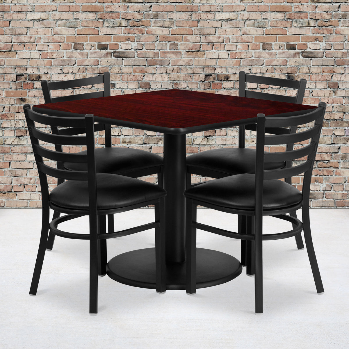 Mahogany Top/Black Vinyl Seat |#| 36" SQ Mahogany Laminate Table w/ Round Base & 4 Metal Chairs-Black Vinyl Seat