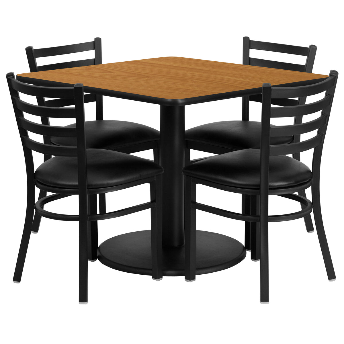 Natural Top/Black Vinyl Seat |#| 36" SQ Natural Laminate Table w/ Round Base & 4 Metal Chairs - Black Vinyl Seat