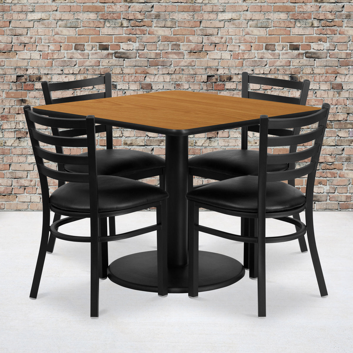 Natural Top/Black Vinyl Seat |#| 36" SQ Natural Laminate Table w/ Round Base & 4 Metal Chairs - Black Vinyl Seat