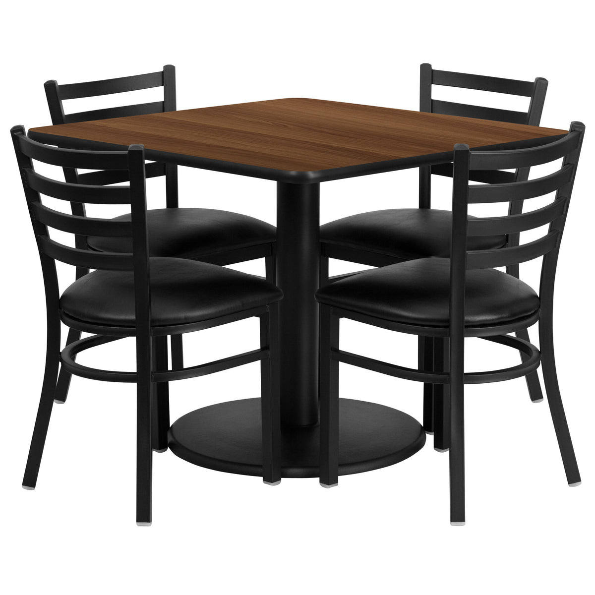 Walnut Top/Black Vinyl Seat |#| 36" SQ Walnut Laminate Table w/ Round Base & 4 Metal Chairs - Black Vinyl Seat