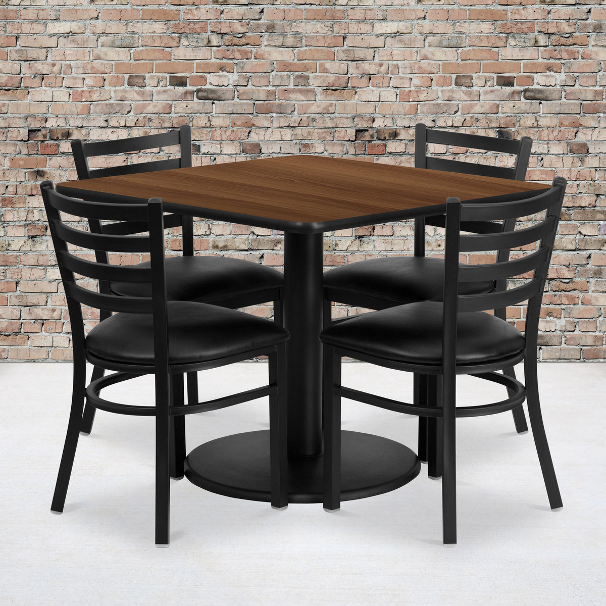 Walnut Top/Black Vinyl Seat |#| 36" SQ Walnut Laminate Table w/ Round Base & 4 Metal Chairs - Black Vinyl Seat