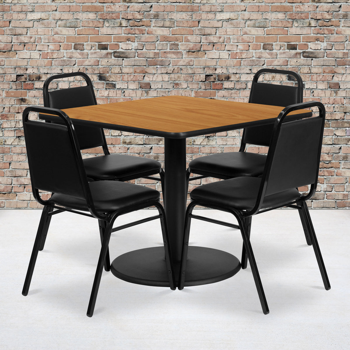 Natural Top/Black Vinyl Seat |#| 36" Square Natural Laminate Table with Round Base and 4 Black Banquet Chairs