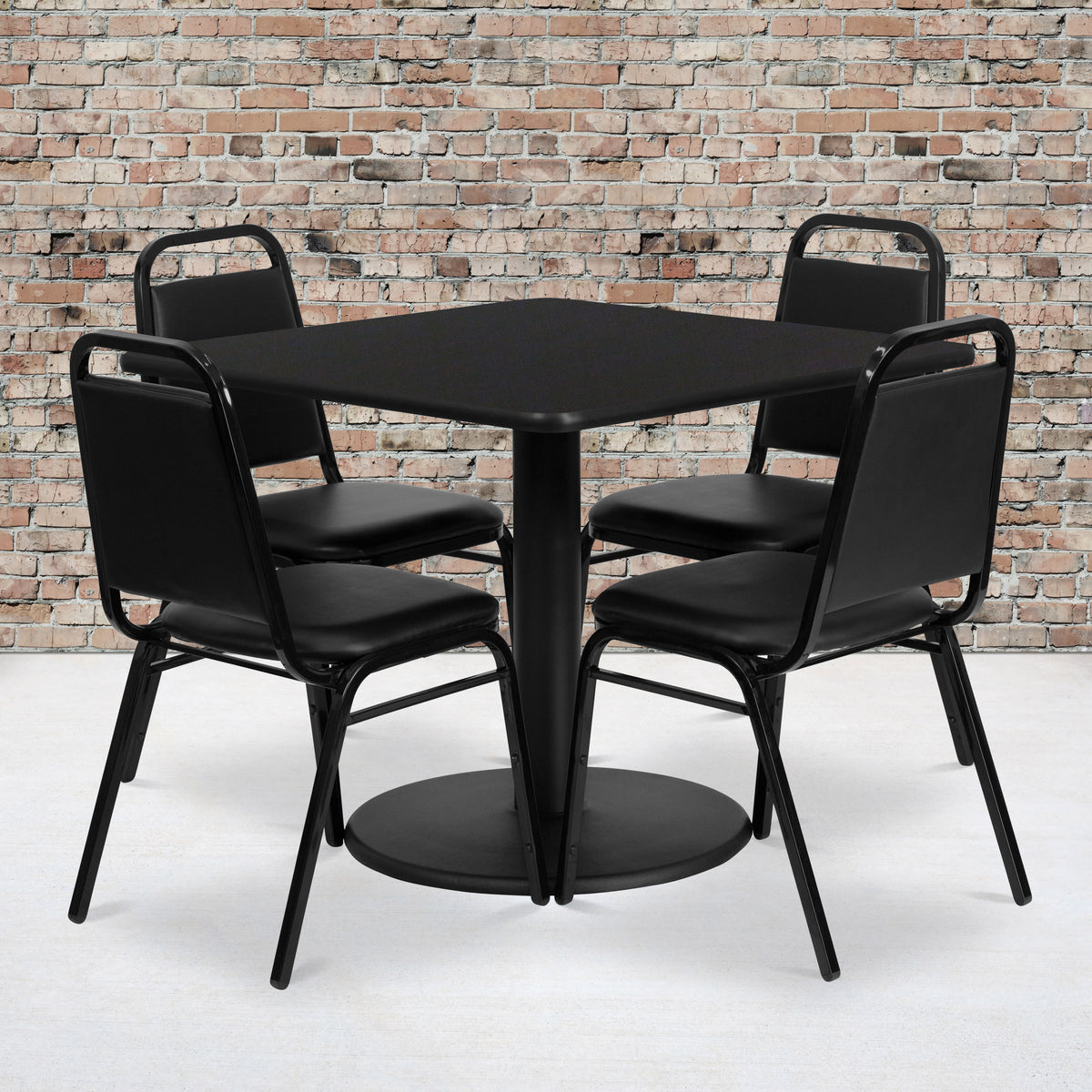 Black Top/Black Vinyl Seat |#| 36" Square Black Laminate Table with Round Base and 4 Black Banquet Chairs