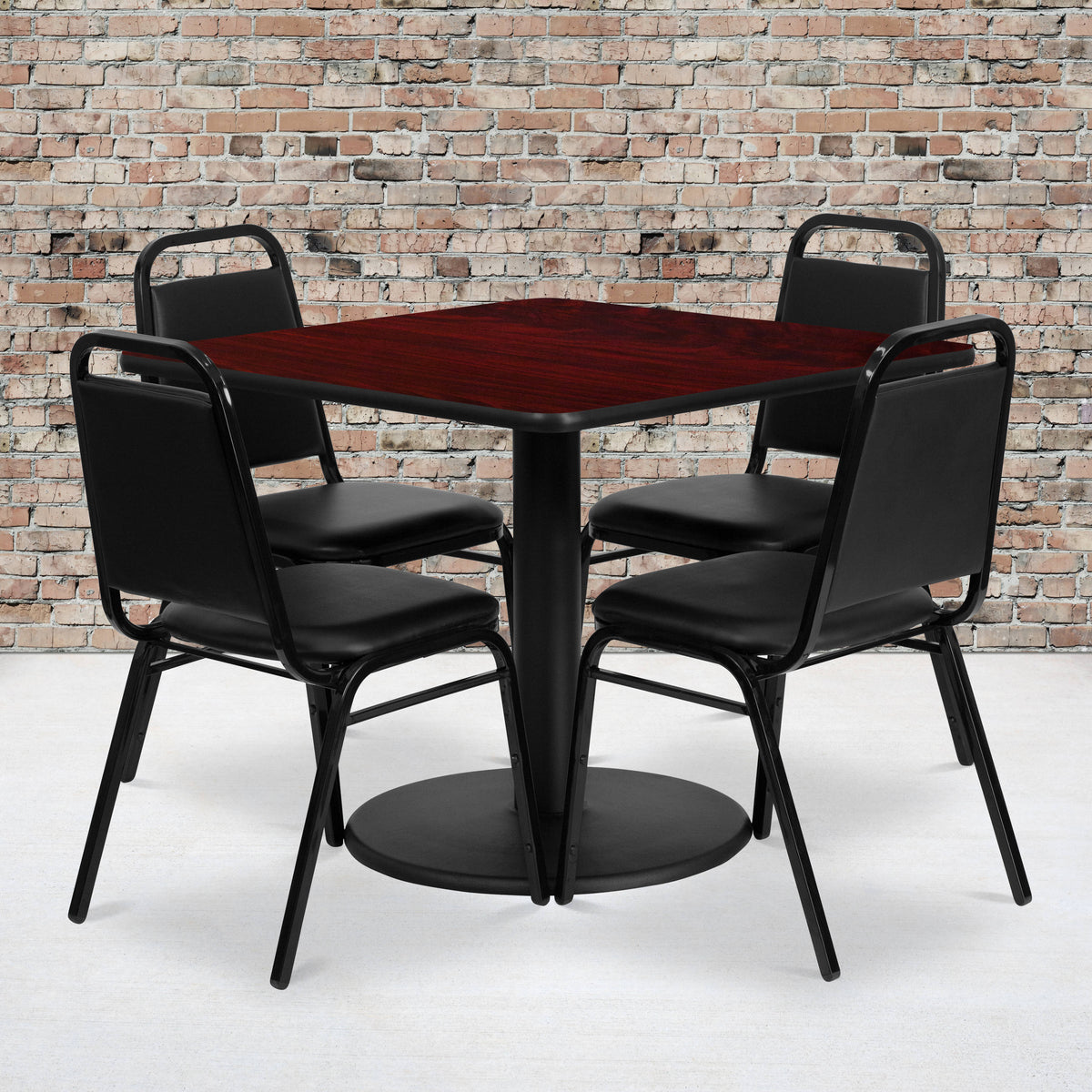 Mahogany Top/Black Vinyl Seat |#| 36" Square Mahogany Laminate Table with Round Base and 4 Black Banquet Chairs
