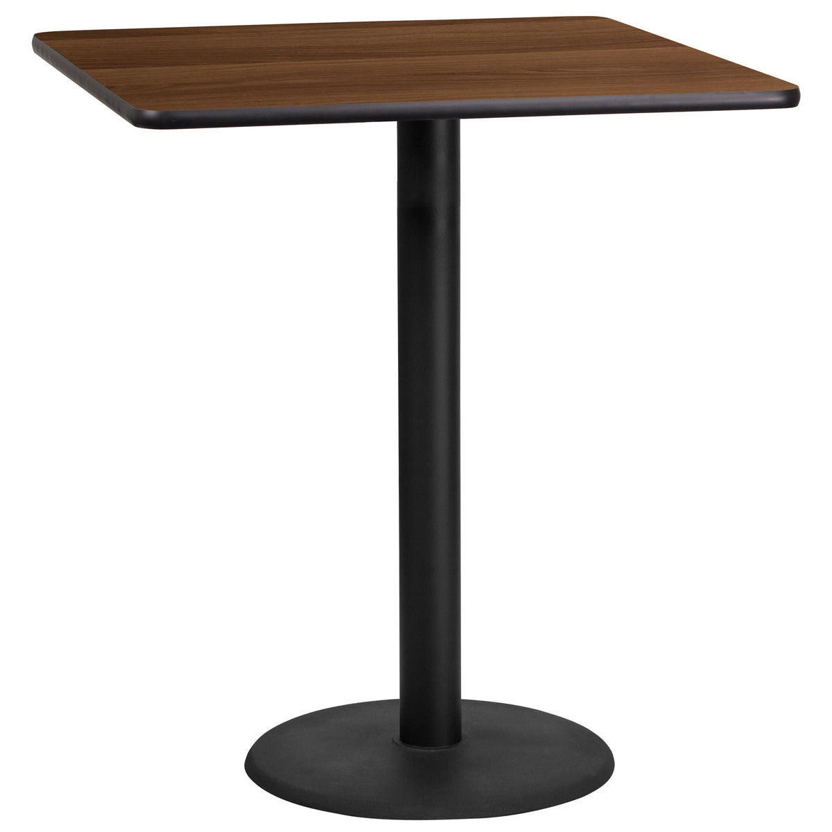Walnut |#| 36" Square Walnut Laminate Table Top with 24" Round Bar Height Table Base