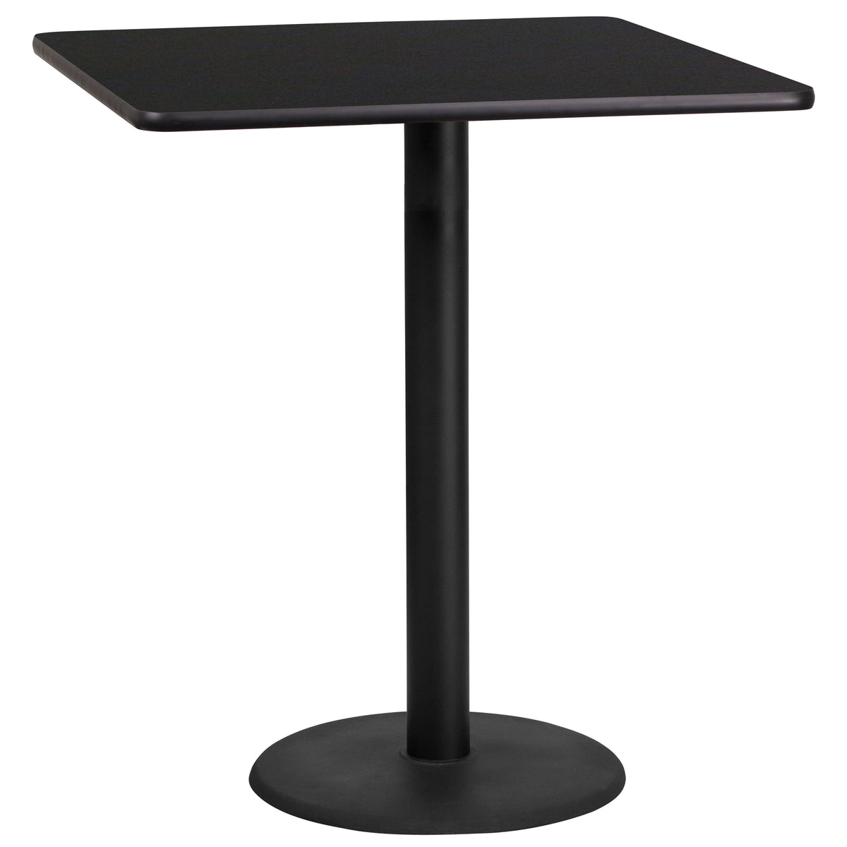 Black |#| 36" Square Black Laminate Table Top with 24" Round Bar Height Table Base