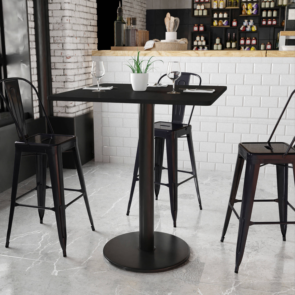 Black |#| 36" Square Black Laminate Table Top with 24" Round Bar Height Table Base